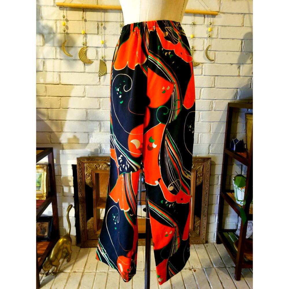 Vintage 70s Psychedelic Lotus Print Wide Leg Palazzo Pants Orange Black M